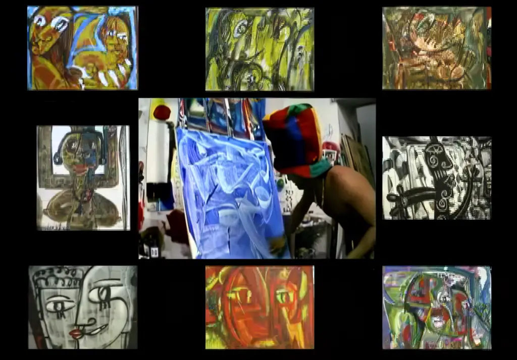 A collage of abstract and surreal artwork, featuring various colorful and expressive paintings and sketches. The images include a variety of abstract shapes, patterns, and figures, creating a visually striking and thought-provoking display.