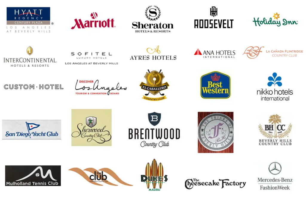 Collection of logos and branding for various hotels, resorts, clubs, and other luxury hospitality services in Los Angeles and Beverly Hills, including Hyatt Regency, Marriott, Sheraton, Roosevelt, Holiday Inn, Intercontinental, Sofitel, Ayres Hotels, ANA Hotels, La Canada Flintridge Country Club, and more.